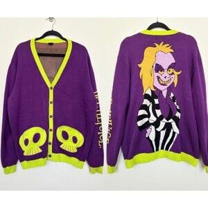Cakeworthy x Beetlejuice Cardigan V-Neck Purple Skull Halloween Graphic Women XL